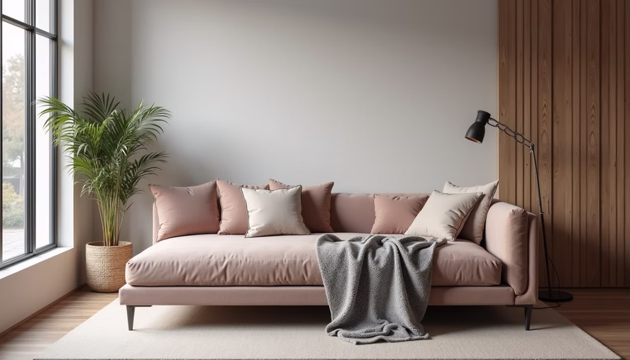Stylish sofa bed with cushions and a throw blanket