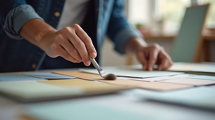 Close-up view of a designer selecting paint colors and materials for an interior project