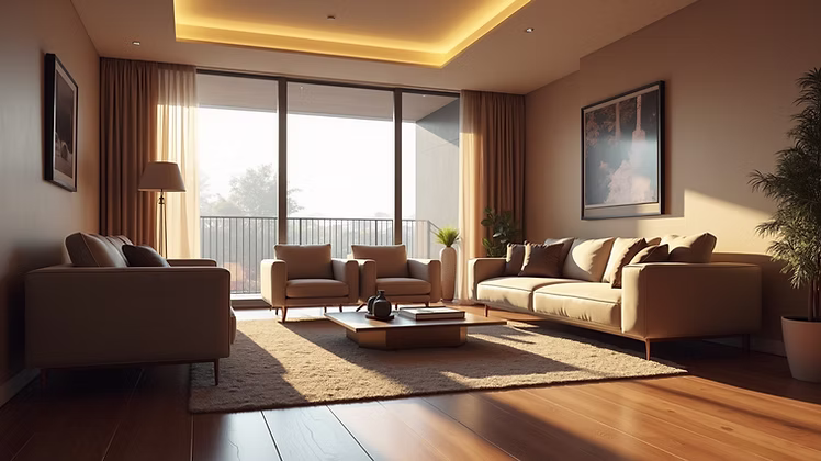 Eye-level view of a modern living room with sleek furniture and warm lighting