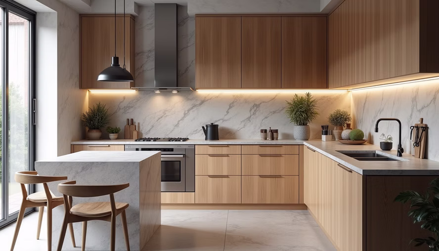 Sleek modular kitchen with granite countertops and wooden cabinets