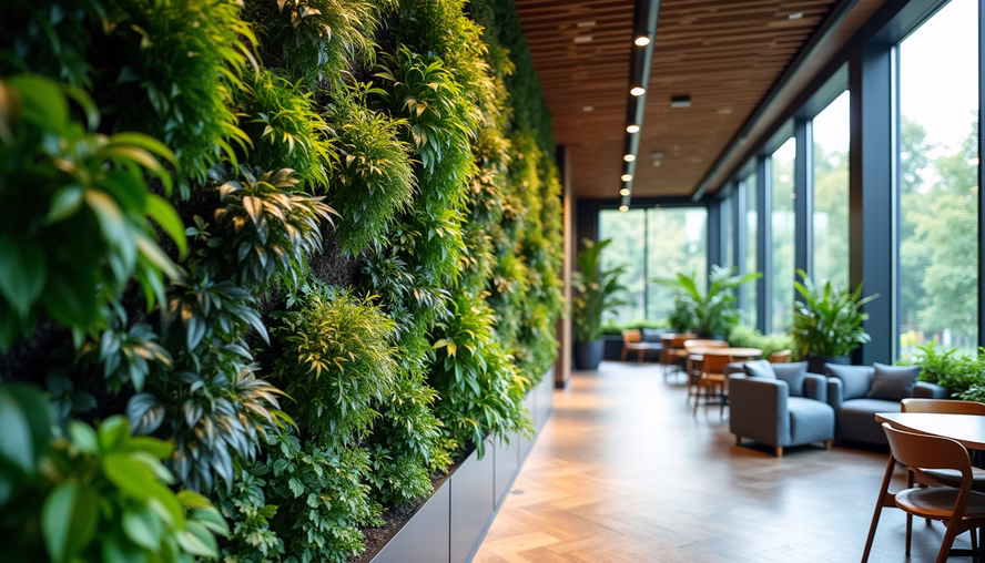 Vertical garden wall with green plants in a business lounge