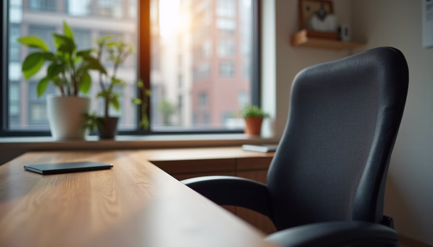 Ergonomic chair and wooden desk in a stylish business space