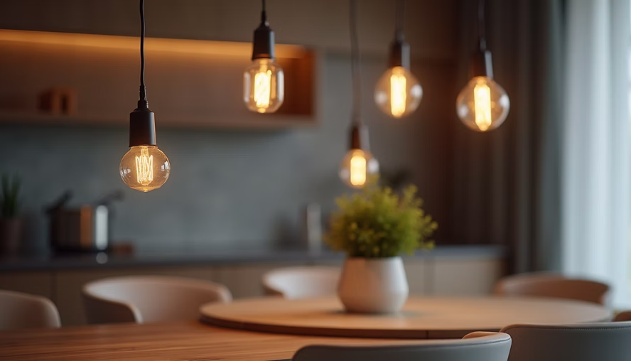 Stylish pendant lights hanging over a dining table in a 2BHK apartment