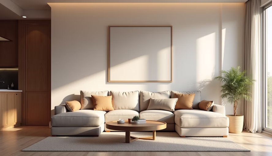 Modern 2BHK living room with minimalist furniture and warm lighting