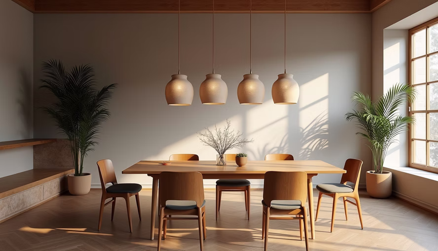Dining area with wooden table and pendant lights